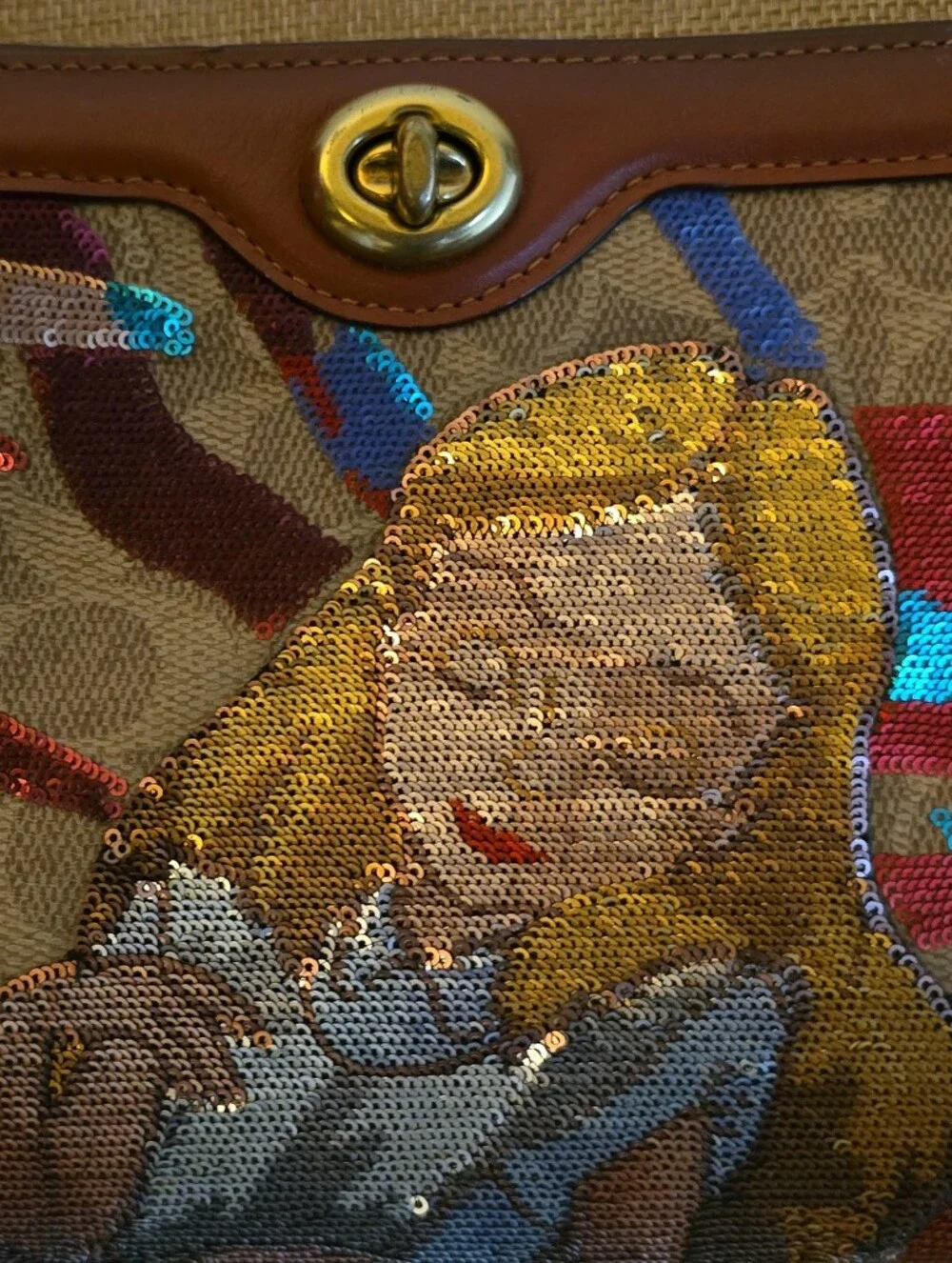 Coach Sequin-Embellished Brown Canvas Crossbody Clutch